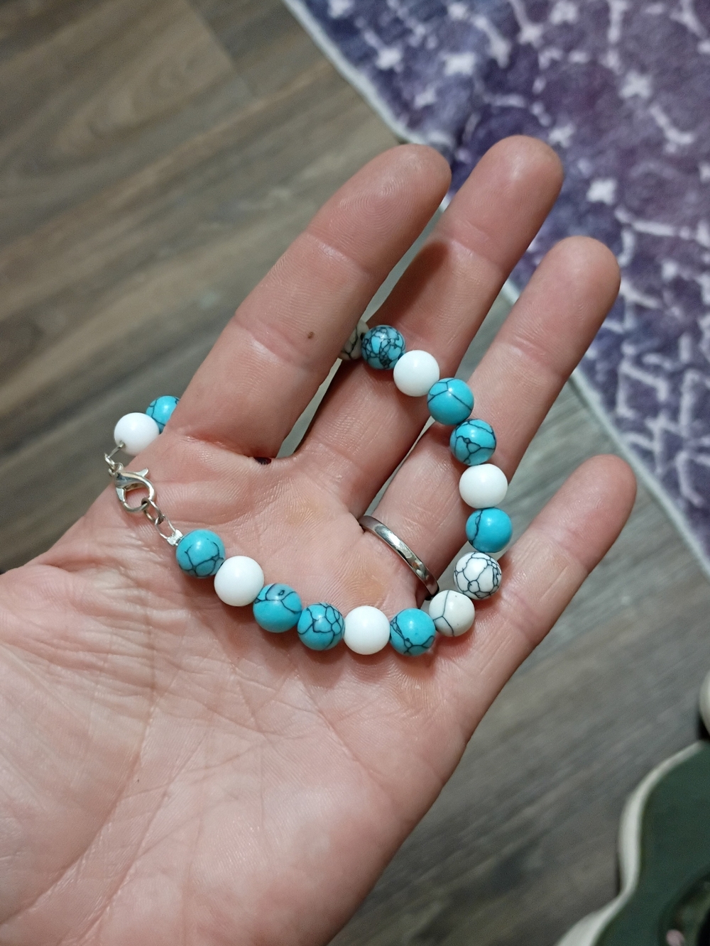 Turquoise and White Beaded Bracelet - Handcrafted